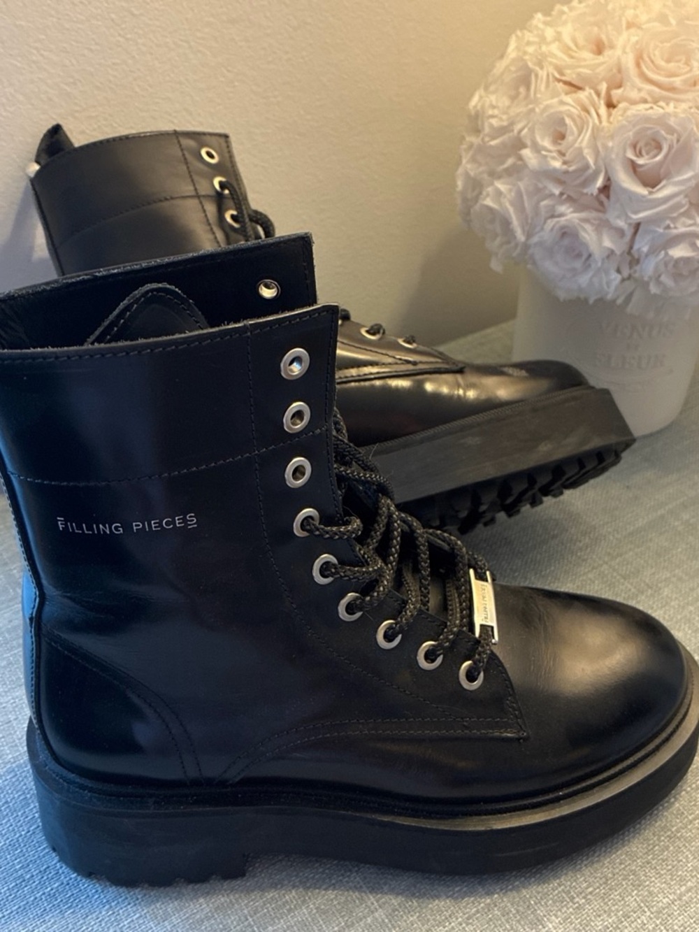 Filling Pieces Black Leather Lace-Up Combat Boots